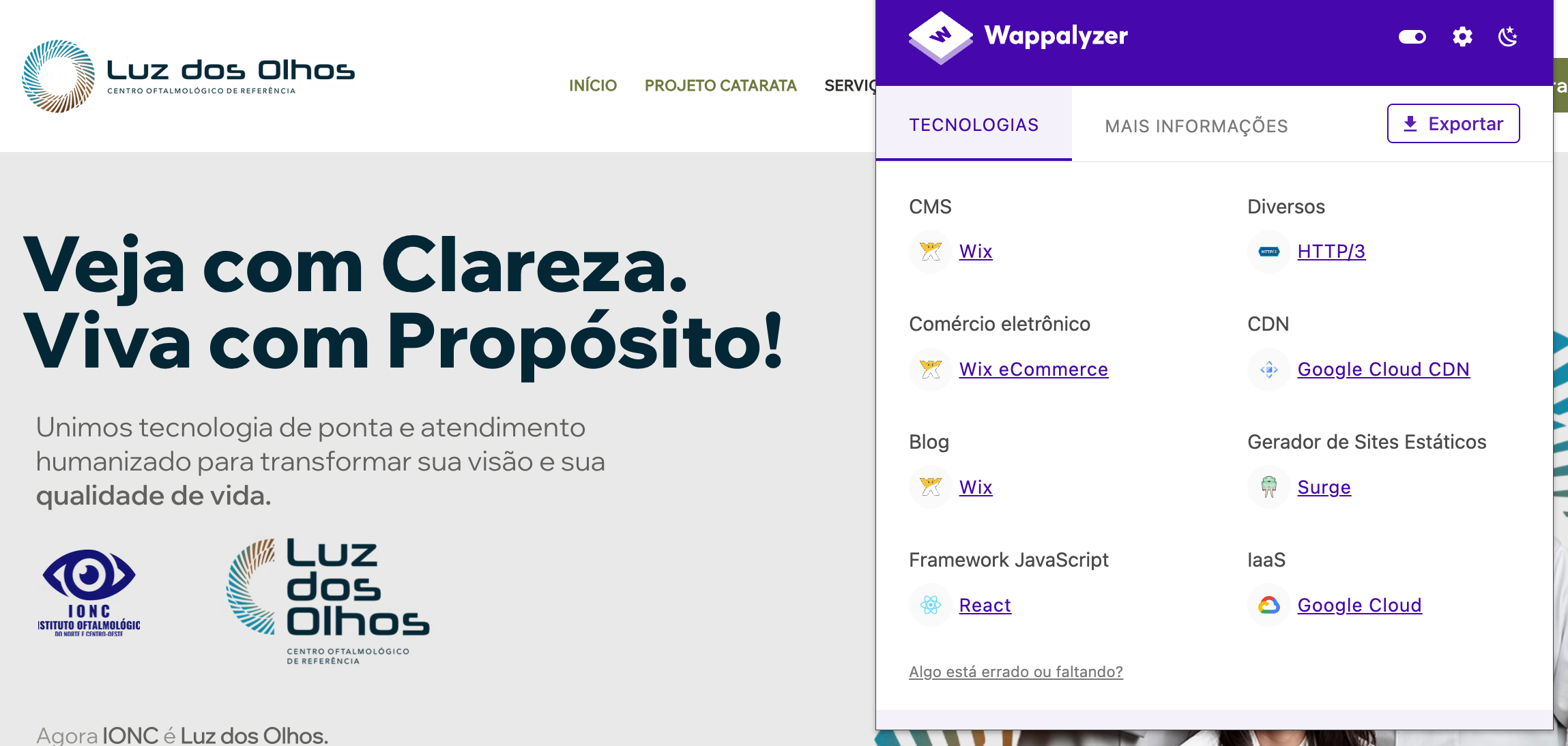 Wappalyzer - Wix + React + Surge